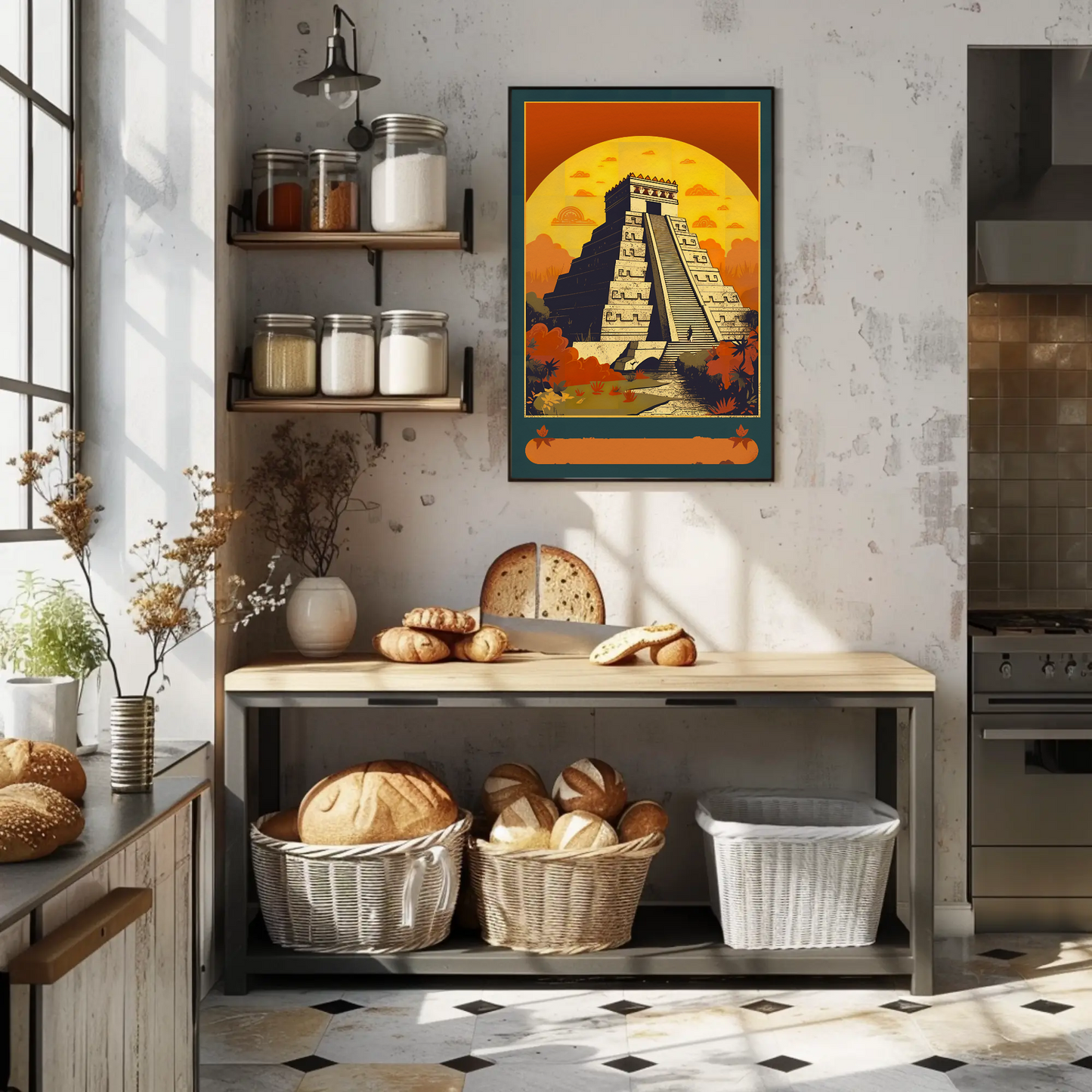 Mexico Chichen Itza Pyramid Sunset Vintage Travel Poster