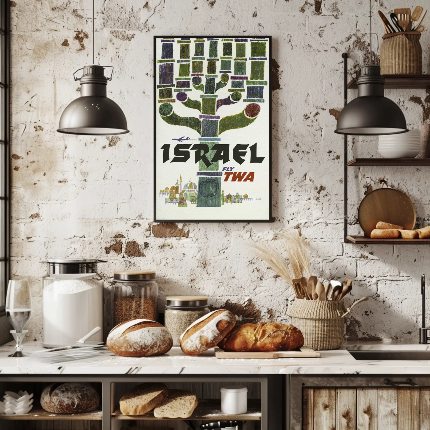 Visit Israel 1960s TWA Vintage Style Airline Travel Poster