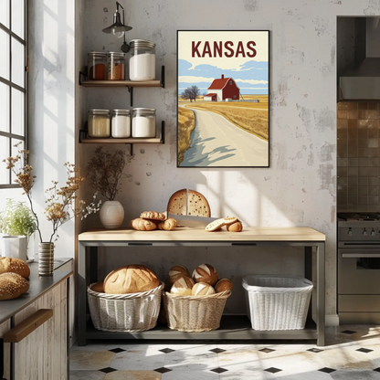 Kansas Barn Roadscape Vintage Poster