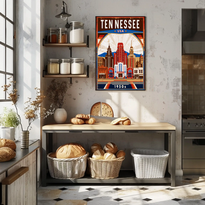 Tennessee USA 1950s Music City Skyline Travel Poster