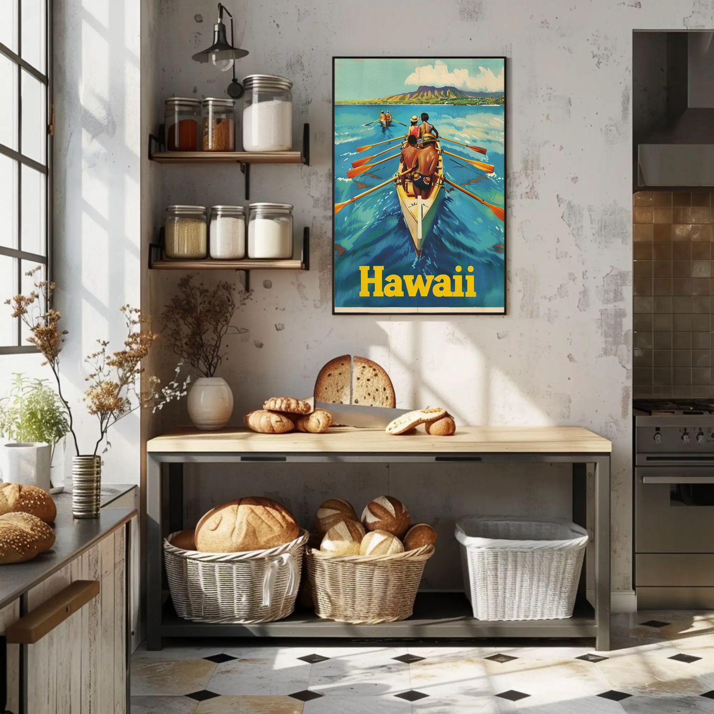 Vintage Travel Poster - Hawaii Rowing Canoe