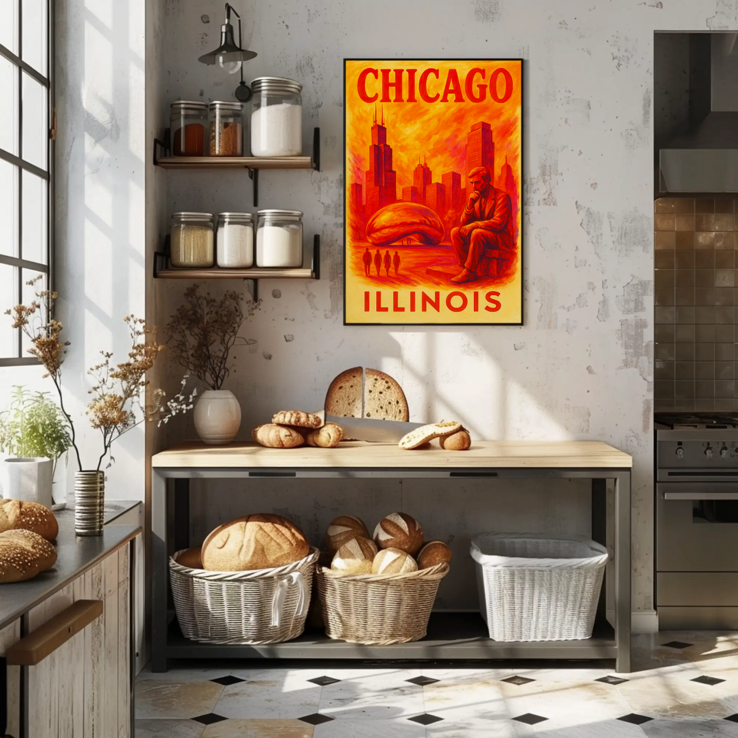 Chicago Skyline Bean Statue Modern Red Vintage Travel Poster Wall Art