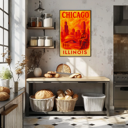Chicago Skyline Bean Statue Modern Red Vintage Travel Poster Wall Art