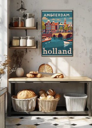 Amsterdam Holland Autumn Canal Houses Vintage Travel Poster