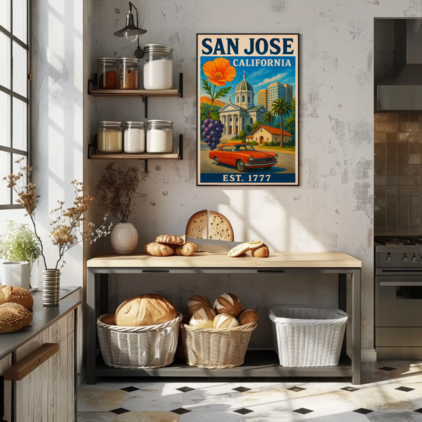San Jose California Church Grapes Car Vintage Travel Poster