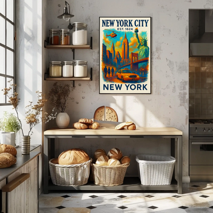 New York City Skyline Taxi Liberty Vintage Travel Poster