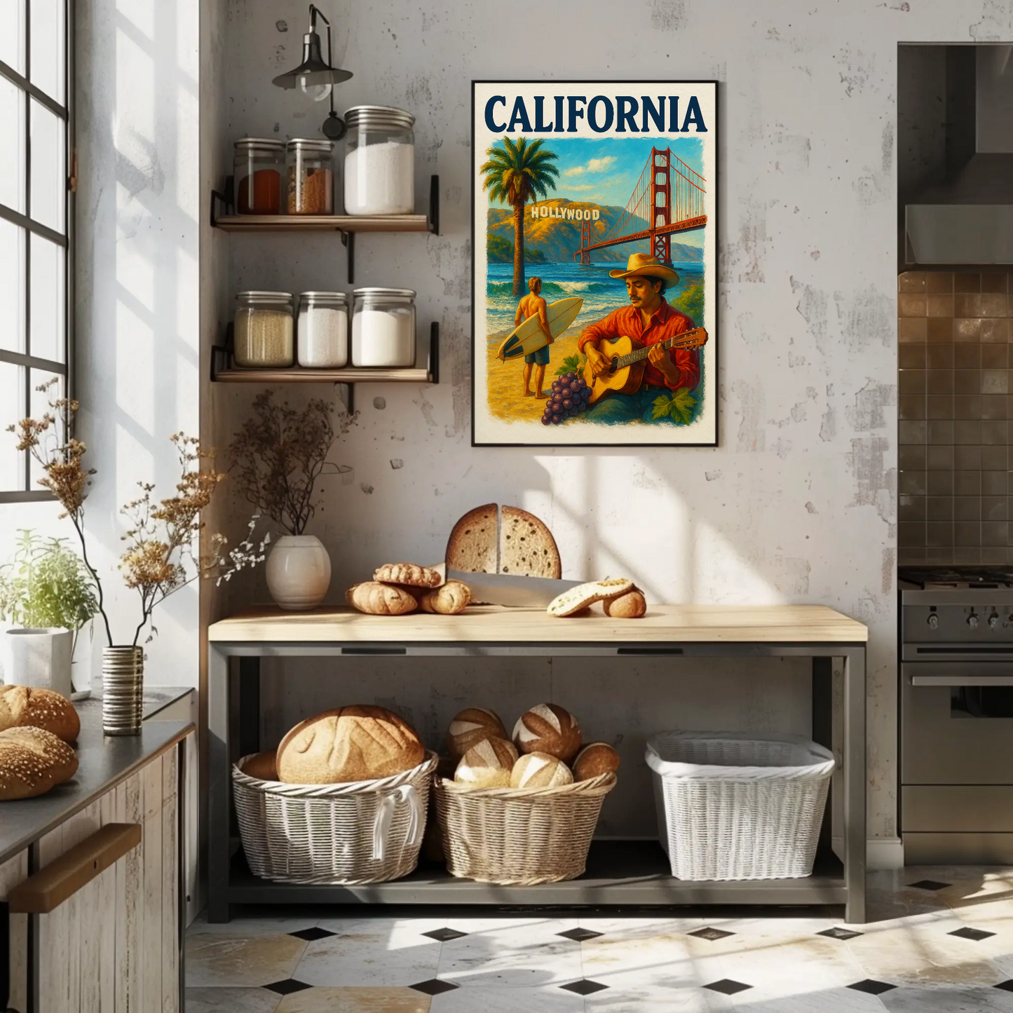 California Surfer Grapes Golden Gate Hollywood Vintage Travel Poster Wall Art