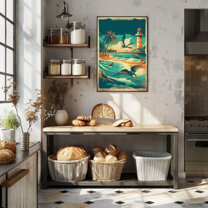 Tropical Coast Lighthouse Ocean Birds Vintage Travel Poster
