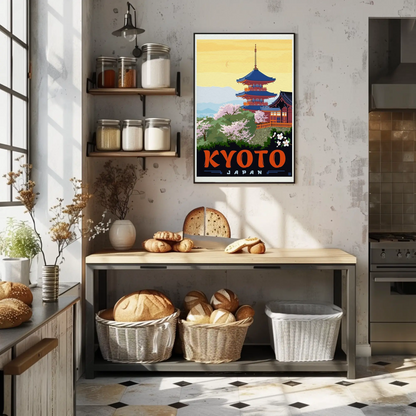 Kyoto Japan Pagoda Cherry Blossoms Temple Scene Vintage Travel Poster