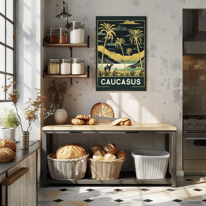 Caucasus Desert Palms Camel Rider Landscape Vintage Travel Poster