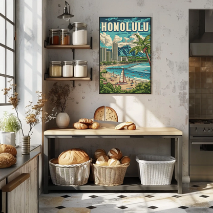 Honolulu Vintage Poster Sailing and Skyscrapers