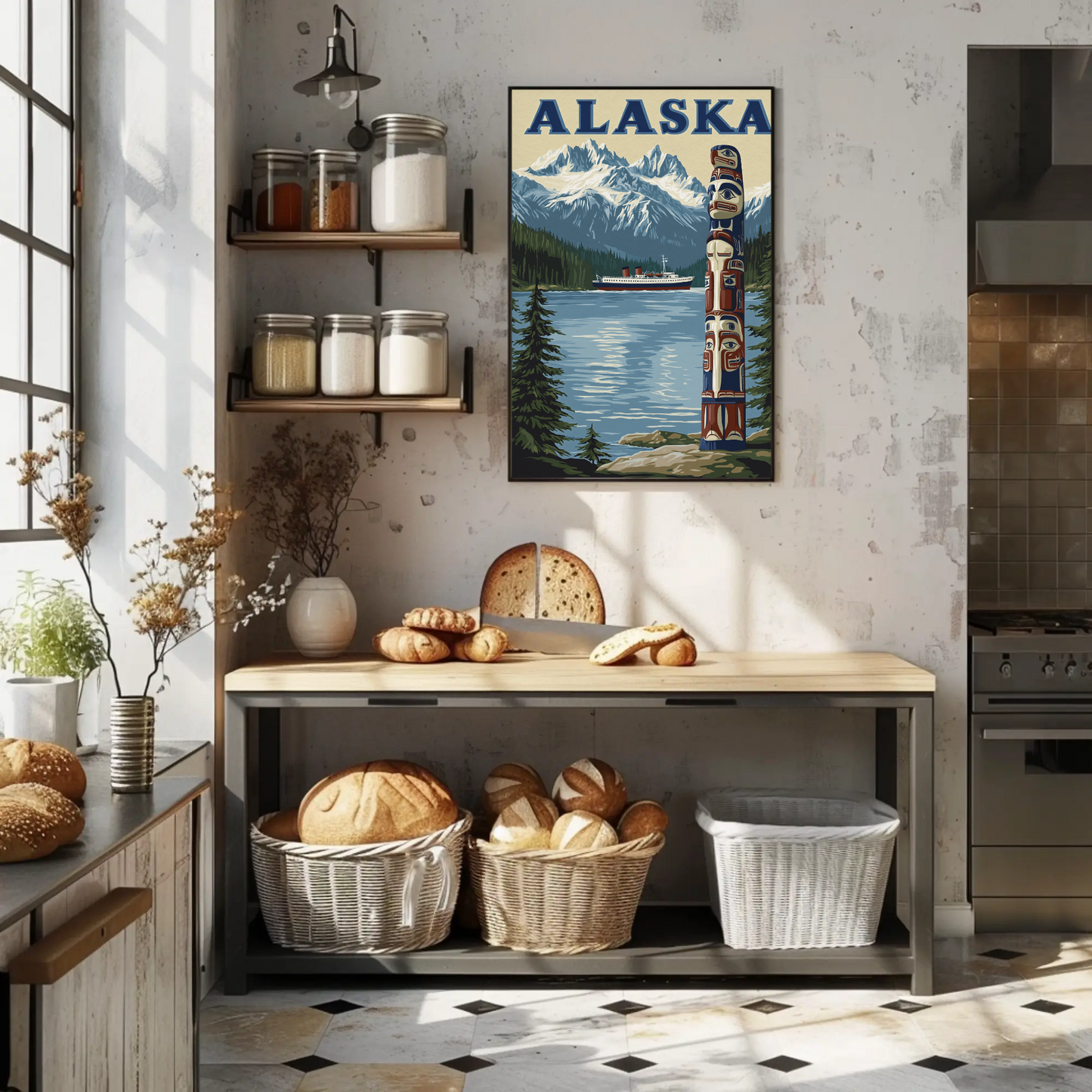Alaska Vintage Poster - Totem and Mountains