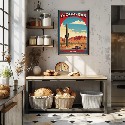 Goodyear Arizona Desert Roadster Mountains Vintage Travel Poster