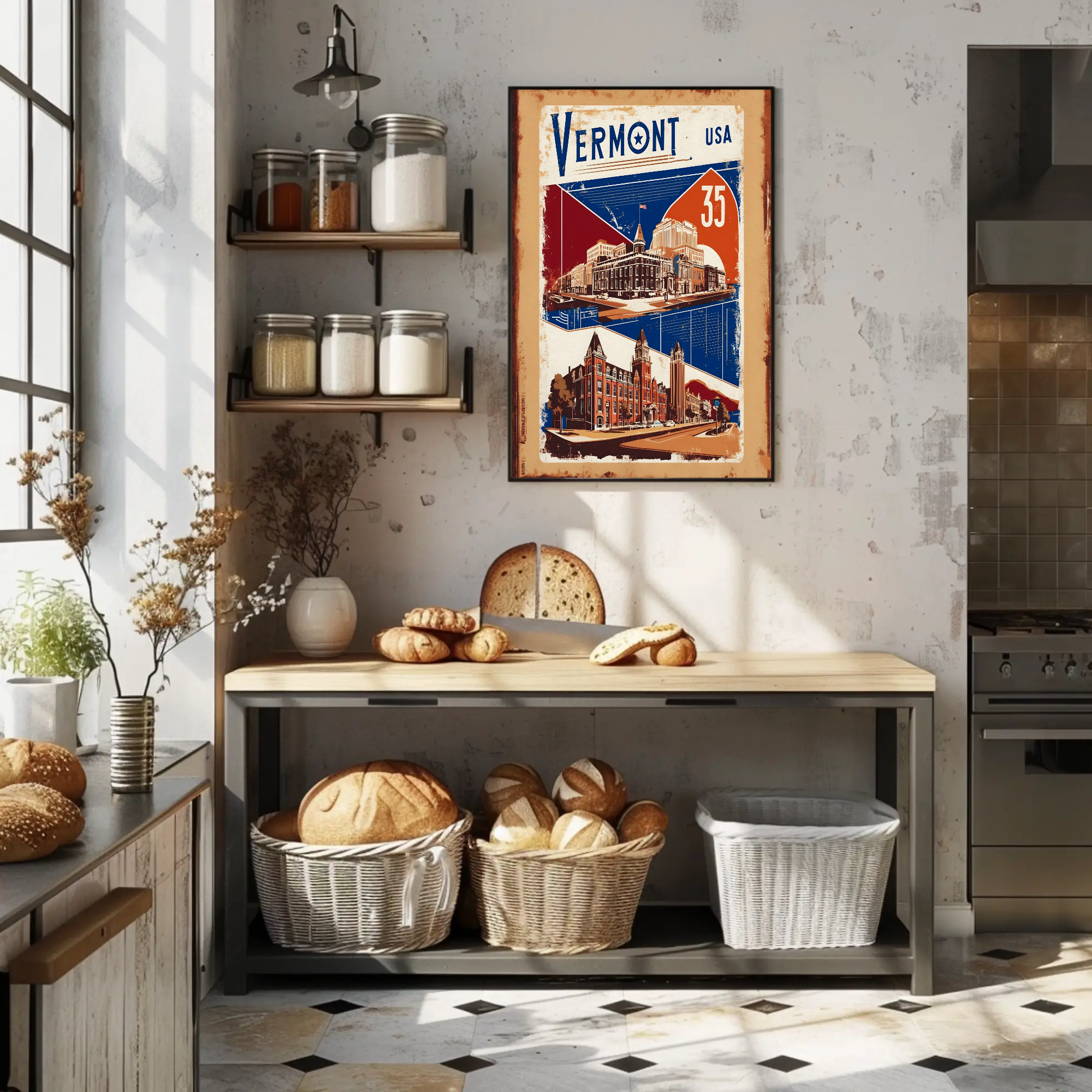 Vermont USA Historic Red Brick Skyline Travel Poster