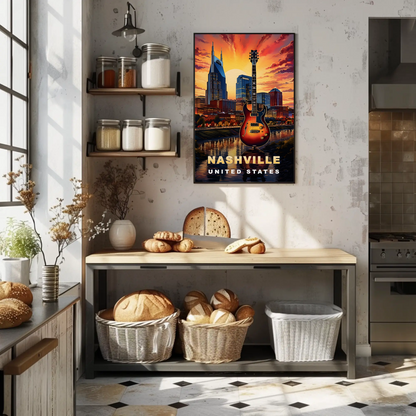 Nashville Tennessee Guitar Sunset Skyline Vintage Travel Poster