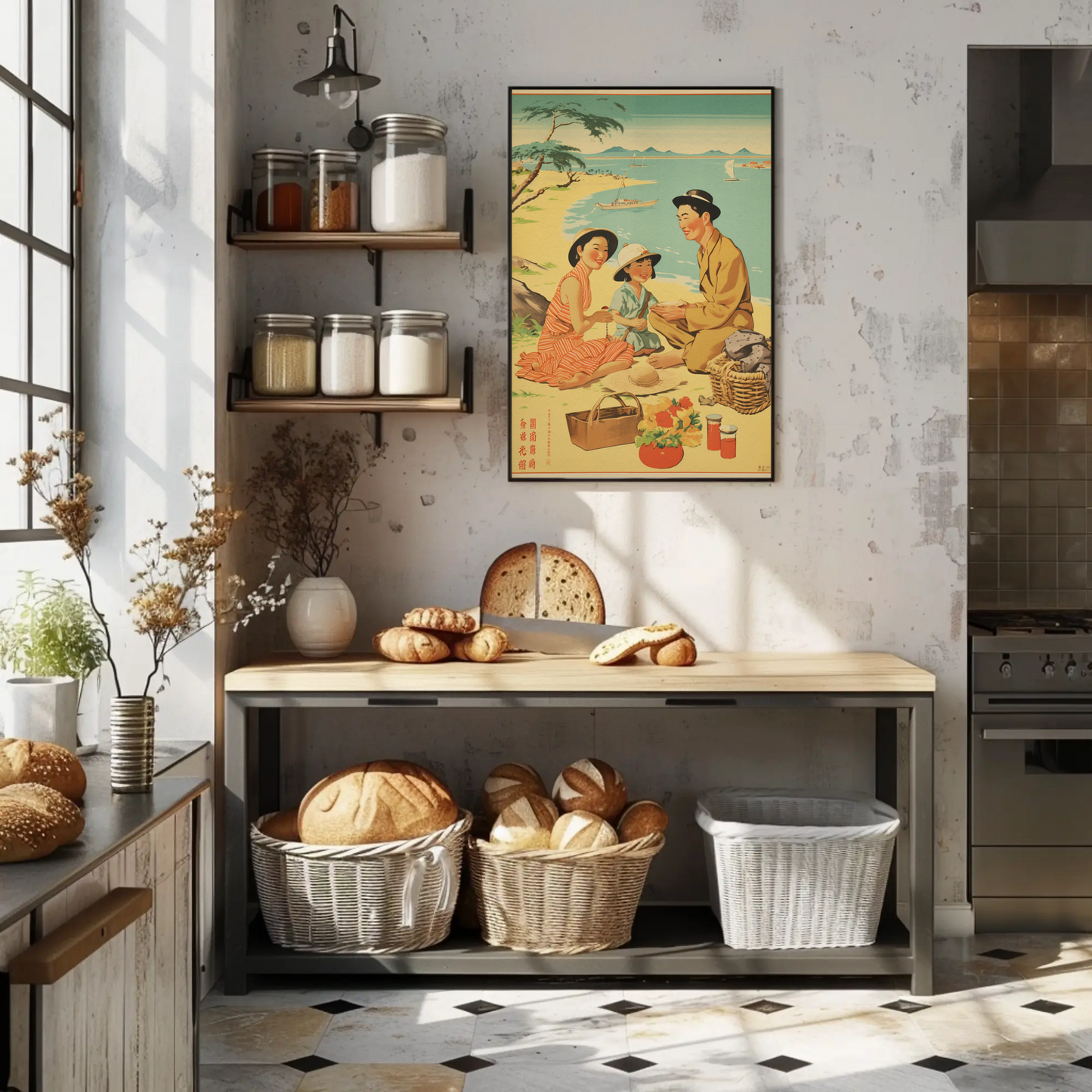 Japanese Family Picnic Seaside Summer Vintage Travel Poster