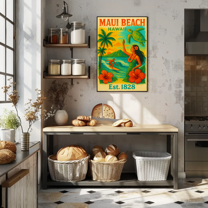 Maui Beach Hawaii Surf Dancer Est 1828 Vintage Travel Poster