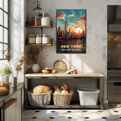 New York City Empire Sunset Reflection Vintage Travel Poster