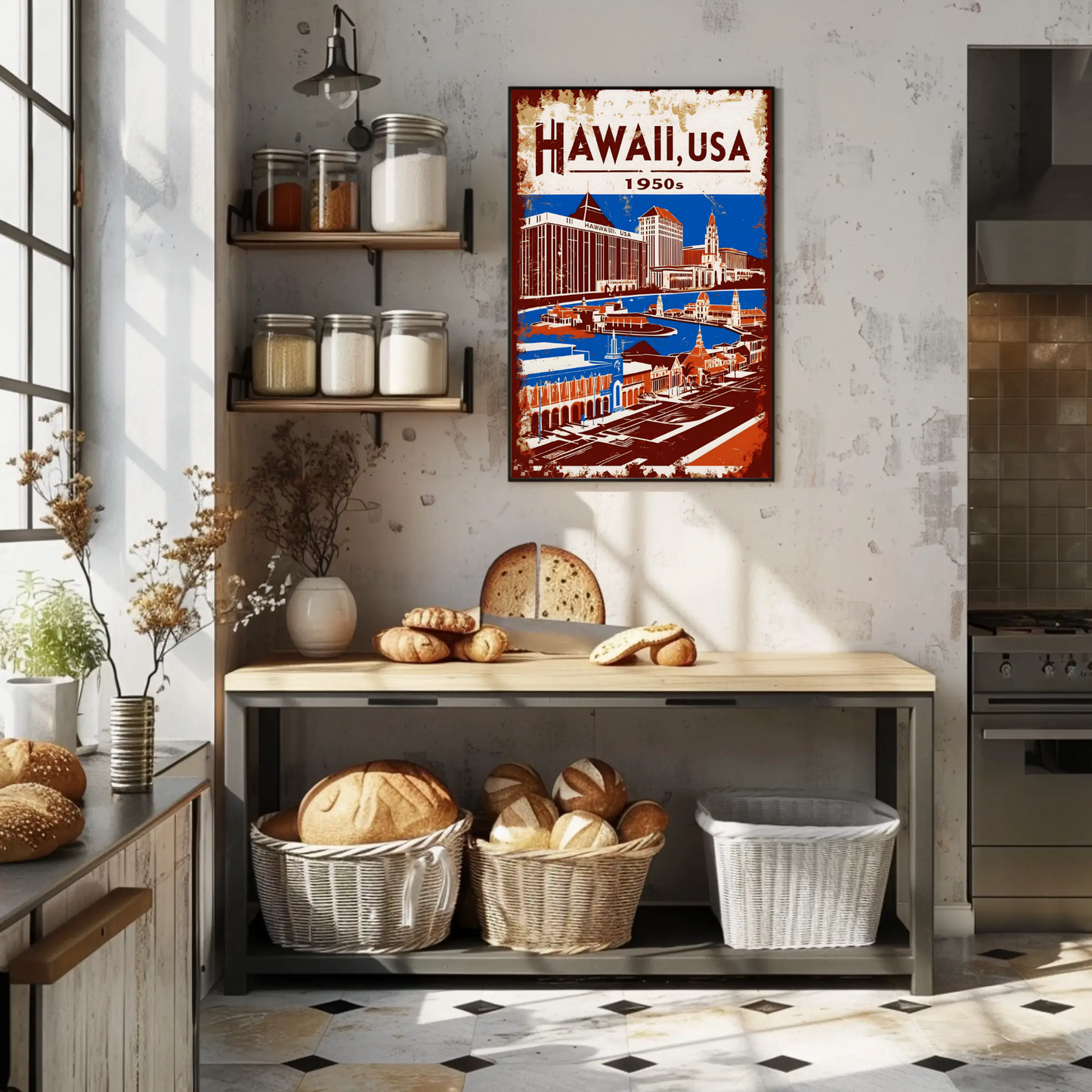 Hawaii USA 1950s Island Life Vintage Maroon Travel Poster
