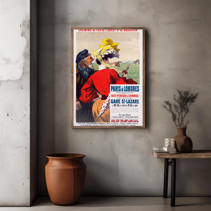 Paris To London Seaside View Couple Vintage Travel Poster