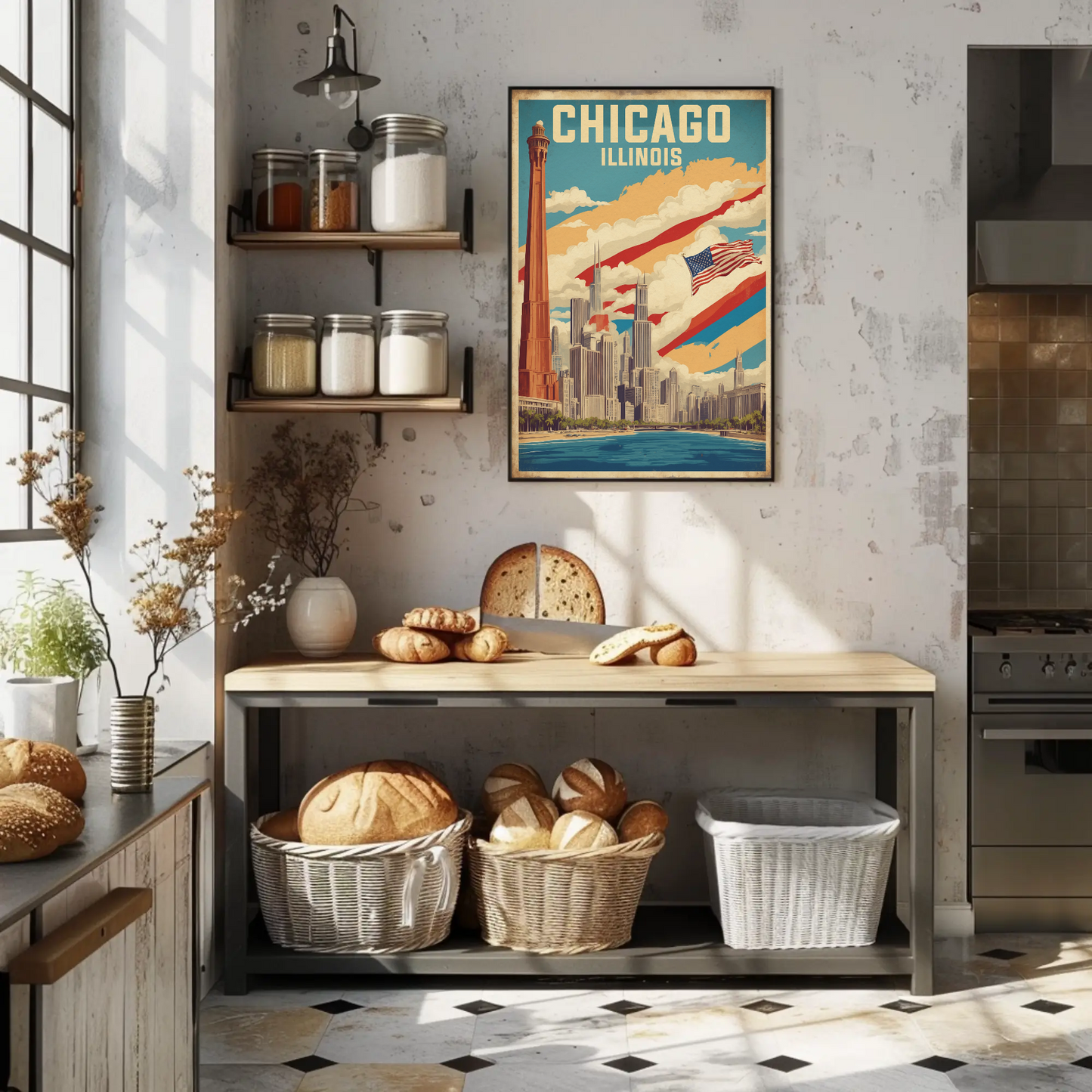 Chicago Illinois Skyline American Flag Cityscape Vintage Travel Poster