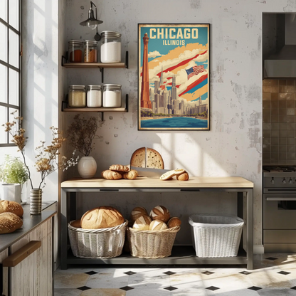 Chicago Illinois Skyline American Flag Cityscape Vintage Travel Poster