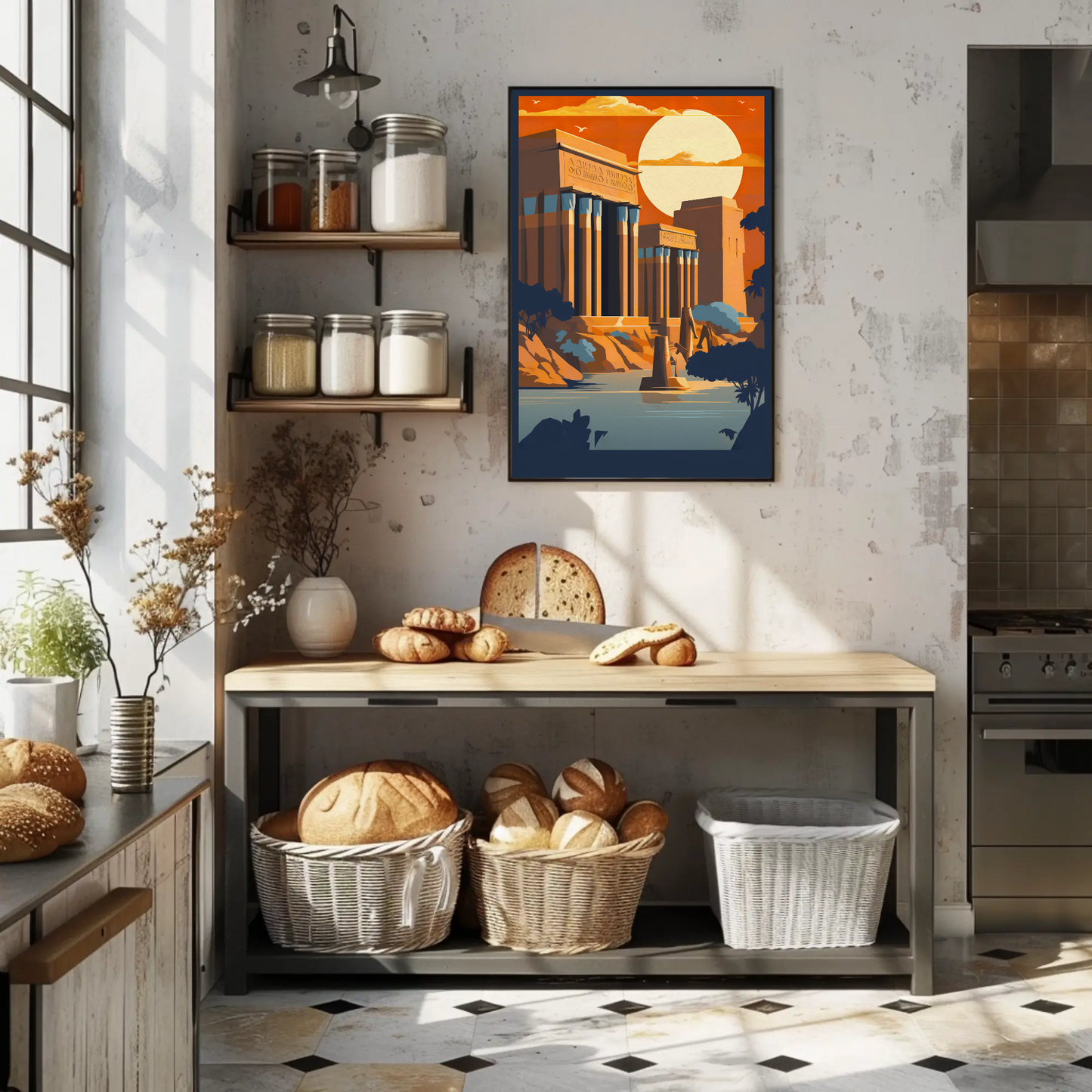 Egyptian Ruins Sunlit Columns River Vintage Travel Poster