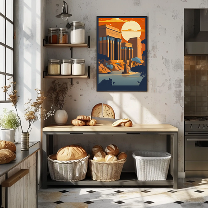 Egyptian Ruins Sunlit Columns River Vintage Travel Poster