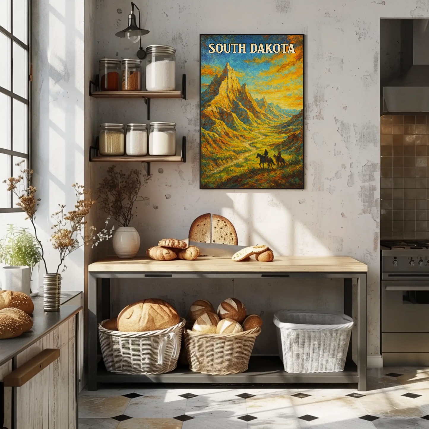 South Dakota Painted Cowboy Mountains Trail Vintage Travel Poster