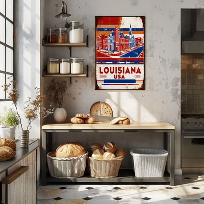Louisiana USA French Quarter Street Vintage Maroon Travel Poster