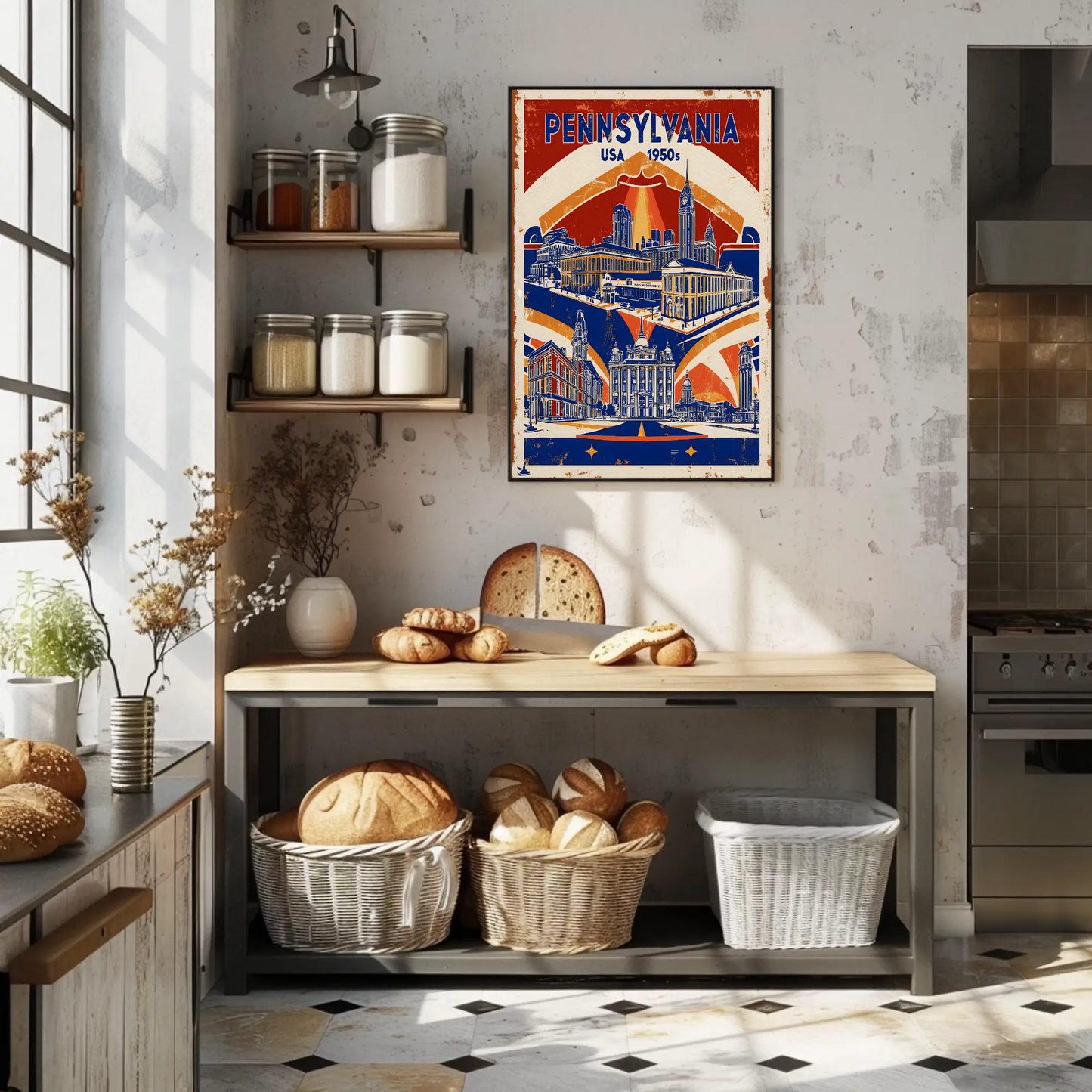 Pennsylvania USA 1950s Monument Skyline Vintage Travel Poster
