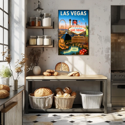 Las Vegas Iconic Landmarks Night Lights Vintage Travel Poster