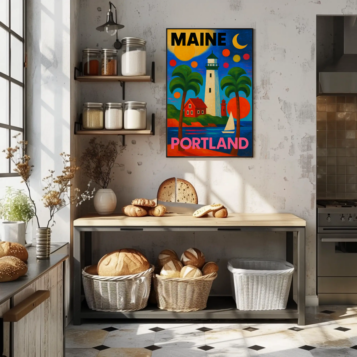 Maine Portland Lighthouse Sailboats Palms Vintage Travel Poster