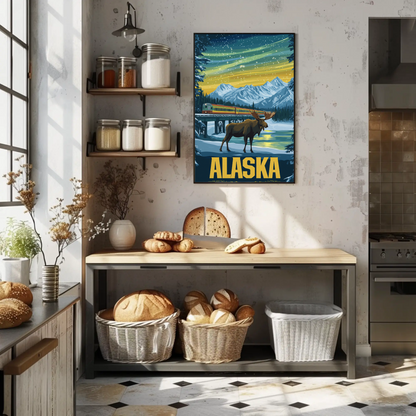 Alaska Vintage Poster - Moose and Northern Lights