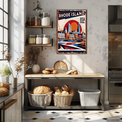 Rhode Island USA 1950s Waterfront Skyline Vintage Travel Poster