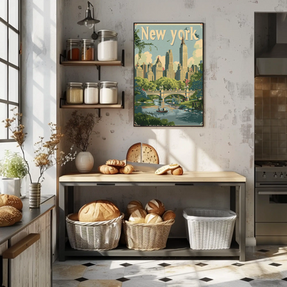 New York Central Park Bridge Skyline Vintage Travel Poster