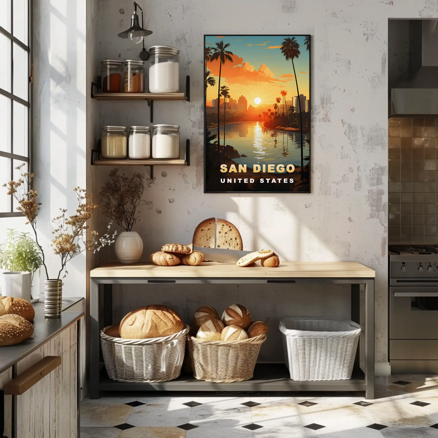 San Diego California Coastline Sunset Palms Vintage Travel Poster