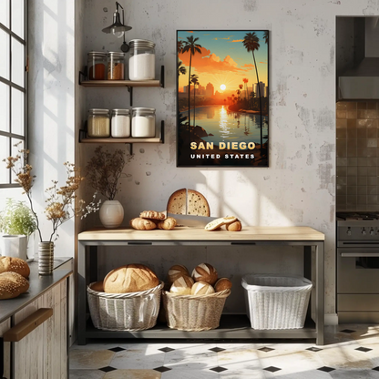 San Diego California Coastline Sunset Palms Vintage Travel Poster