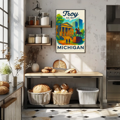 Troy Michigan City Hall Equestrian Statue Vintage Travel Poster