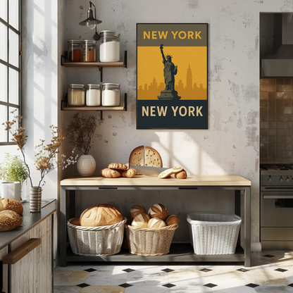 New York City Statue Skyline Yellow Vintage Travel Poster