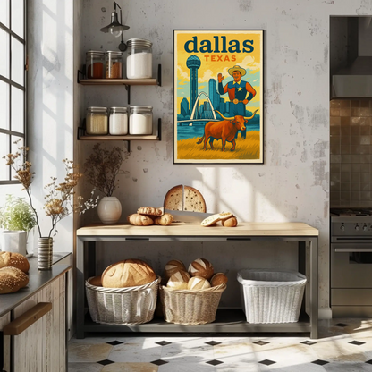 Dallas Cowboy Longhorn Skyline Bridge Sphere Vintage Travel Poster Wall Art