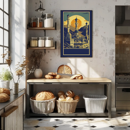 Majestic Mountain Mosque Sunburst Vintage Travel Poster