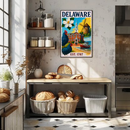 Delaware 1787 Poster With Windmill And Chickens Vintage Travel Poster