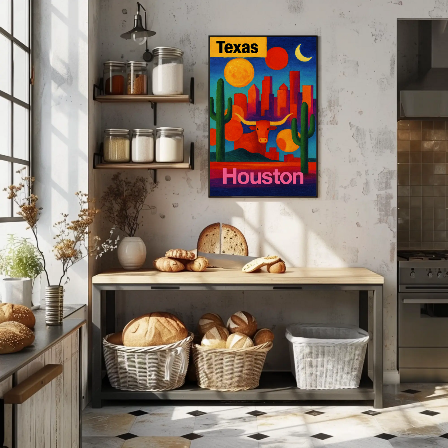 Texas Houston Longhorn Cactus Sunset Cityscape Vintage Travel Poster
