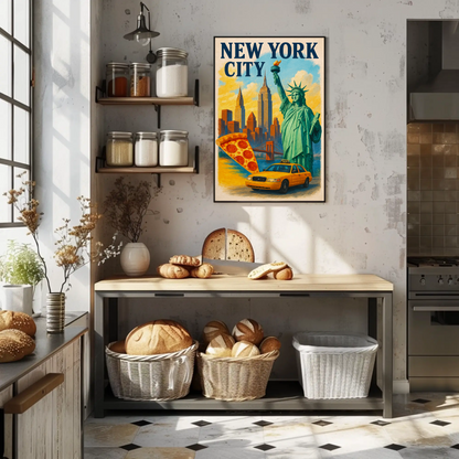 New York City Pizza Taxi Skyline Vintage Travel Poster