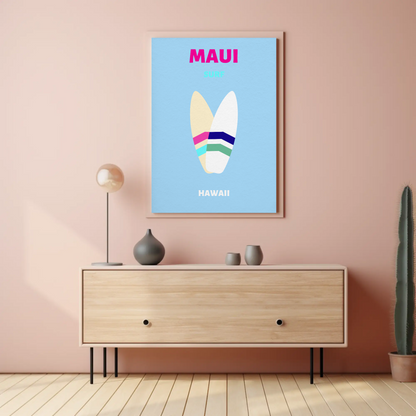 Maui Hawaii Surfboard Graphic Retro Travel Poster
