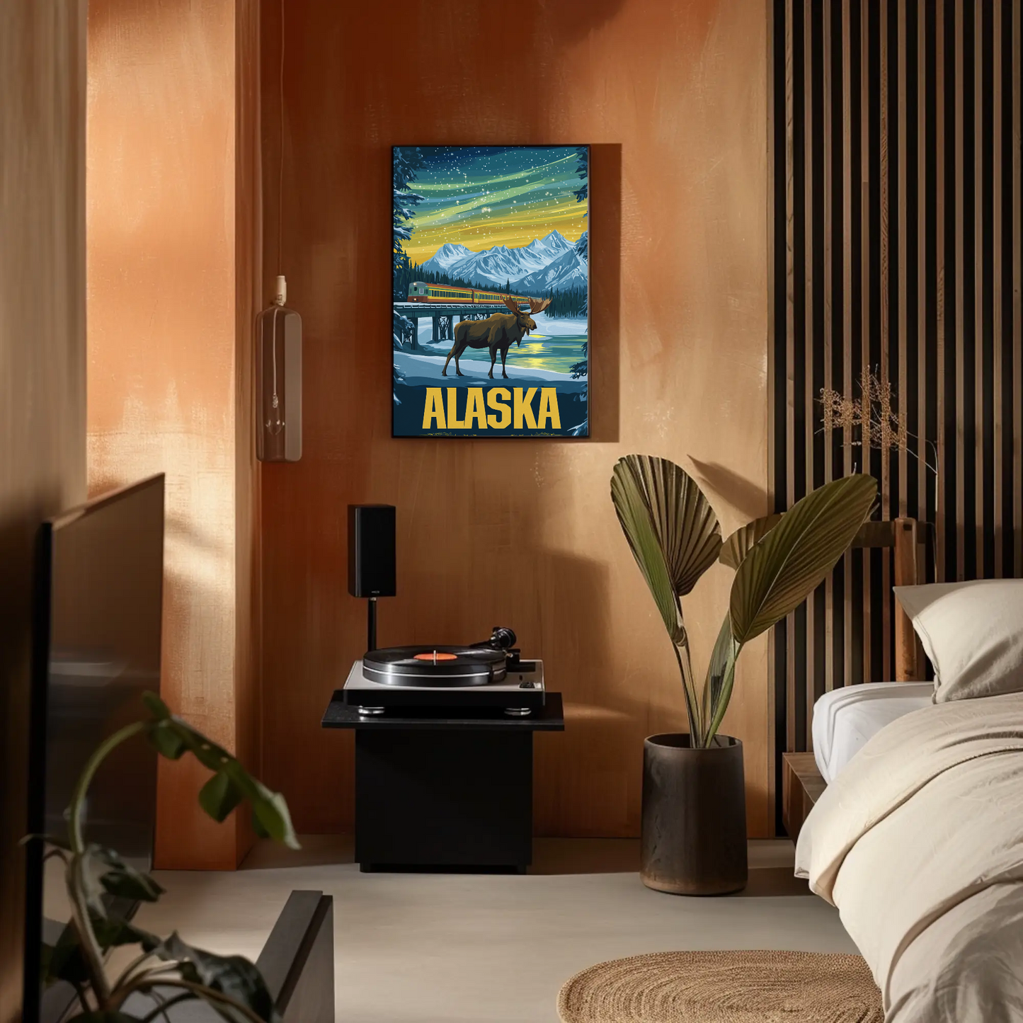 Alaska Vintage Poster - Moose and Northern Lights