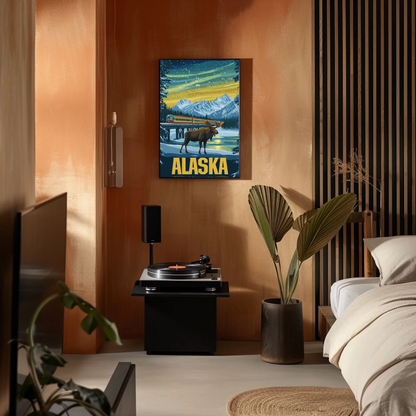 Alaska Vintage Poster - Moose and Northern Lights