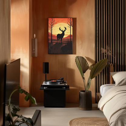 Sunset Forest Silhouette Deer Landscape Vintage Travel Poster