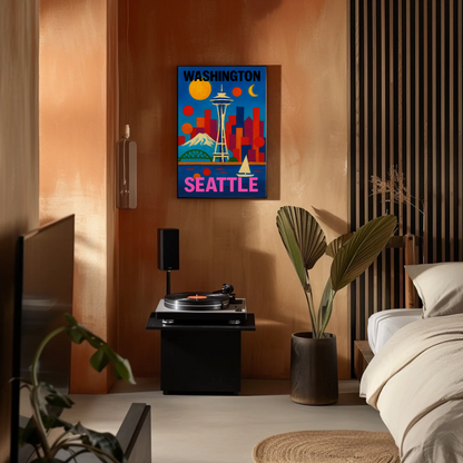 Washington Seattle Space Needle Mountains Sunset Vintage Travel Poster
